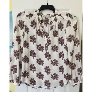 LOFT Womens Blouse L White Burgundy Medallion Floral Ruffle Split Neck BohoChic